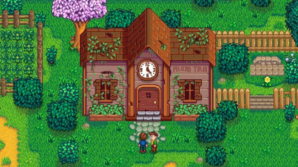 The player and the mayor stand in front of the broken down community center in Stardew Valley.