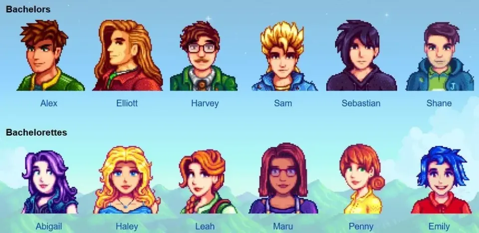 The headshots of the six bachelors and six bachelorettes from Stardew Valley