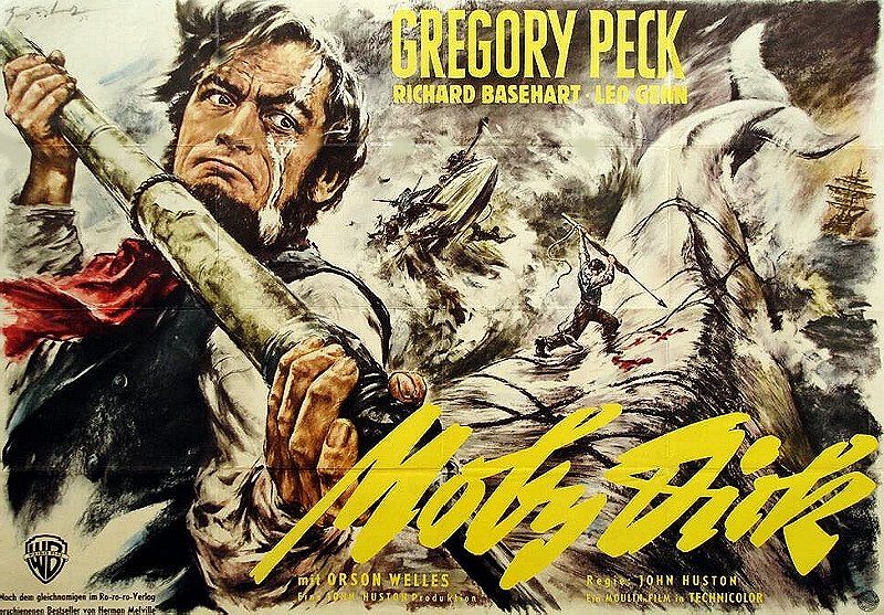 Gregory Peck (as Ahab) hoists a harpoon on the German poster for Moby Dick.