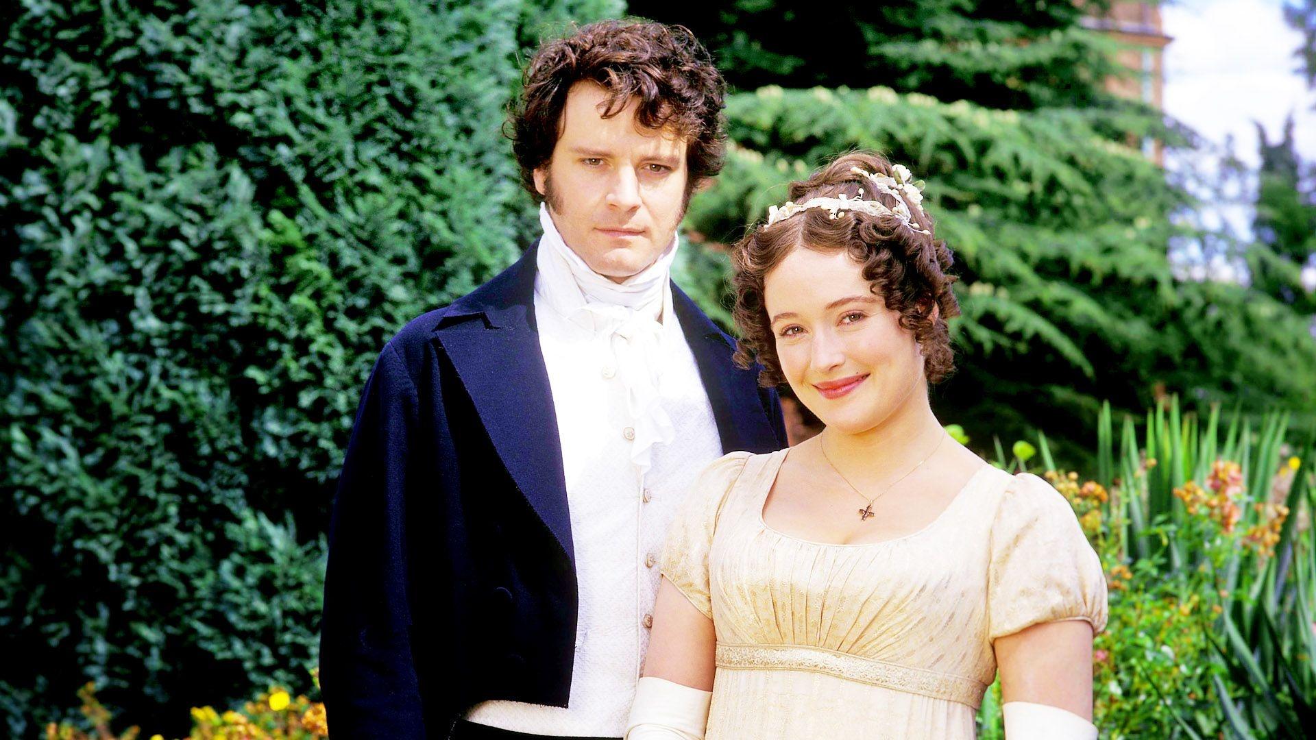 Colin Firth and Jennifer Ehle, pictured in a lovely garden, play Darcy and Elizabeth in the 1995 Pride and Prejudice.