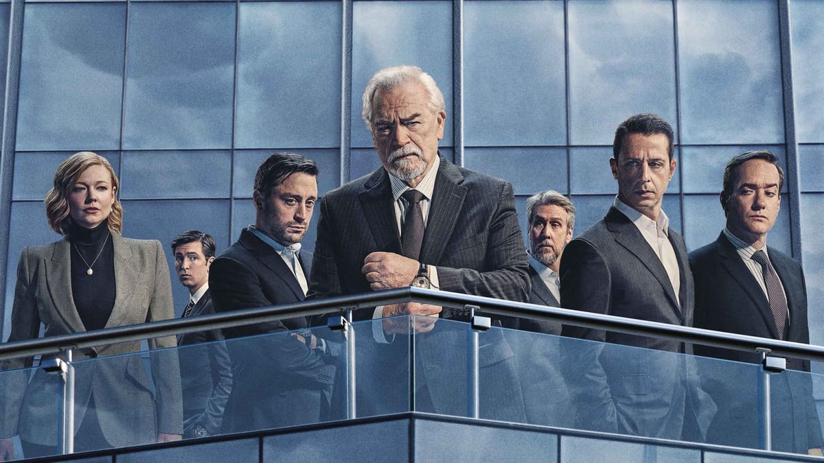 The cast of Succession stands atop the Waystar Royco tower in the key art for the final season. 