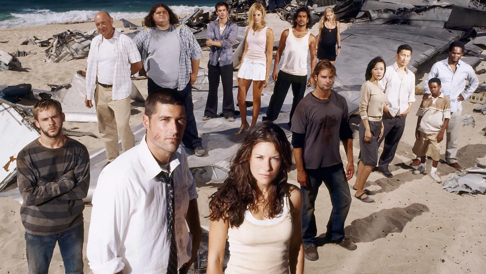 The cast of Lost in the show's very first season. They all look so young and fresh-faced on the beach.