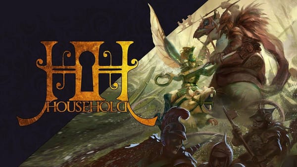 Tiny people riding rats go to war with each other in promotional art for the TTRPG Household.