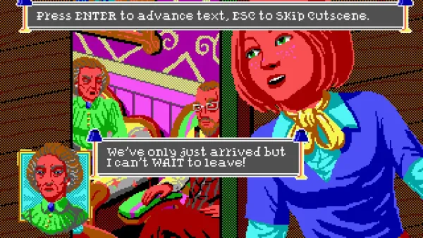 Redhead Nancy Maple listens in on a conversation. A stern-faced woman says, "We've only just arrived but I can't WAIT to leave!"