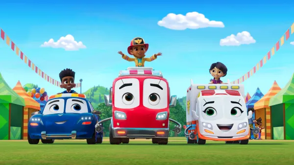 The Firebuds -- three human children paired with a police car, a firetruck, and an ambulance -- roll into action.