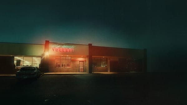In rather fuzzy, impressionistic key art, a yogurt shop is presented against a dark landscape. Its neon sign lights up the night.