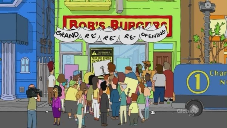 The cast of Bob's Burgers crowds outside of the titular restaurant during its grand "re-re-re-opening."