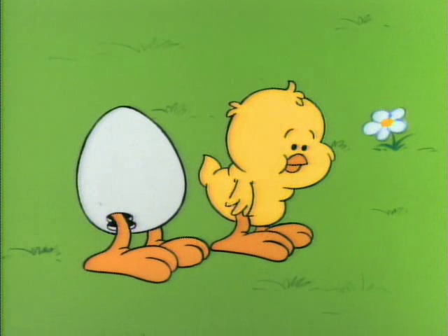 Sheldon (an egg with two chicken legs sticking out) and his chick brother Booker in the cartoon Garfield and Friends.