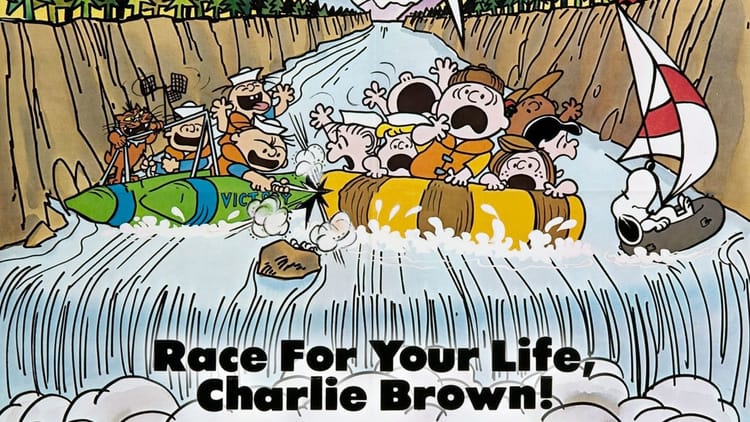 The key art for Race for Your Life, Charlie Brown features the Peanuts gang in river rafts.