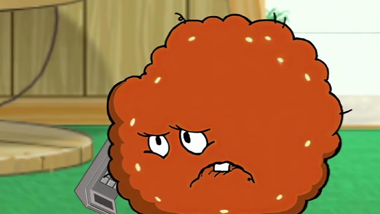 Meatwad from Aqua Teen Hunger Force talks on the phone.