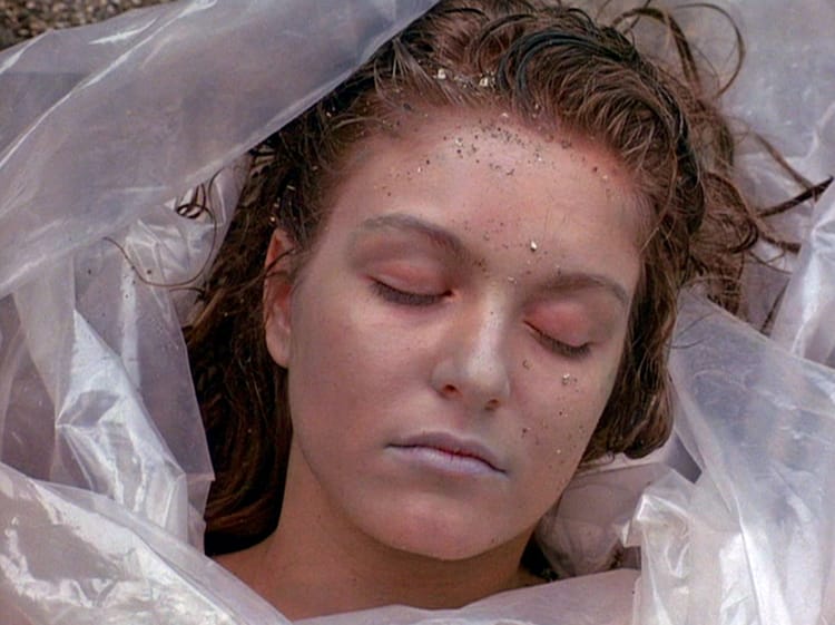 Laura Palmer's dead body, blue lips, wrapped in plastic, lays on a beach. We can only see her face.