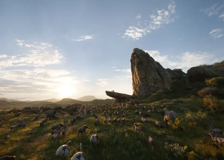 In this still from the Lion King remake, various animals make their way to Pride Rock in the early morning.