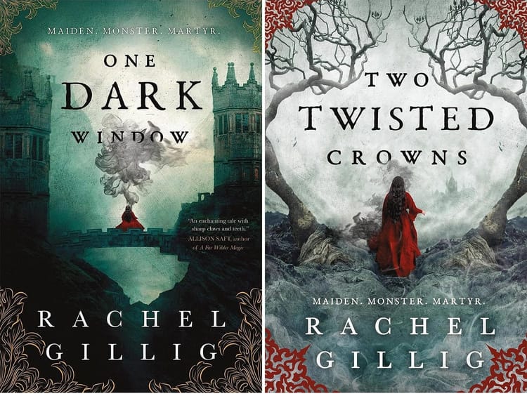 The covers for One Dark Window and Two Twisted Crowns by Rachel Gillig both feature a woman in a red cloak.