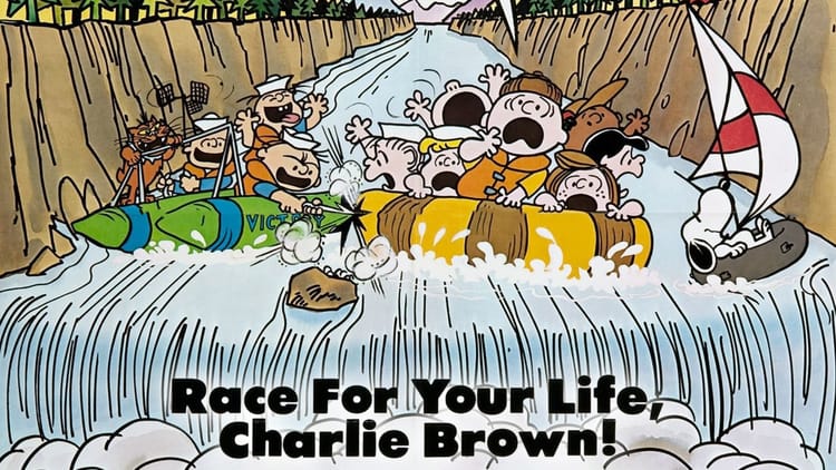 The Peanuts gang rides in a raft down a raging river, some bullies racing them. Snoopy is in his own inner tube.