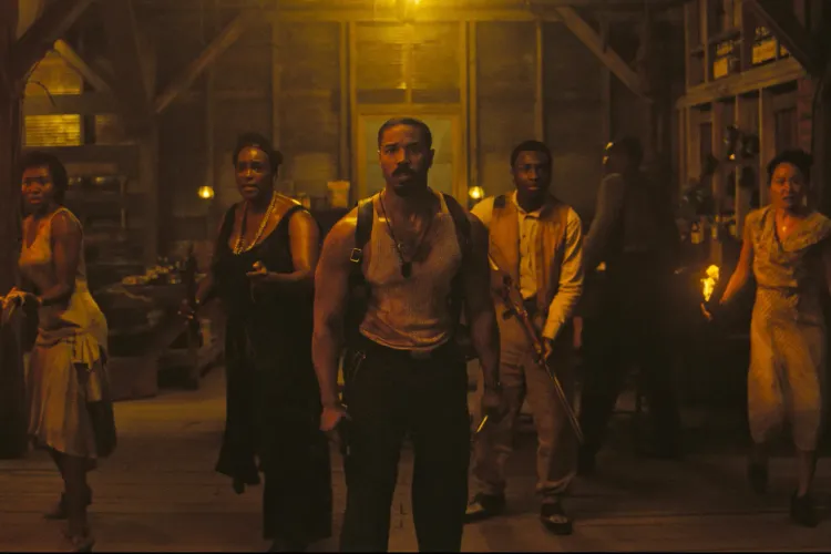 The characters of Sinners arm themselves and face the door of the juke joint as they wait for monsters to pour in.