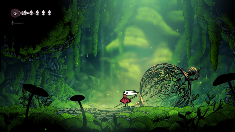 A tiny being holding a small sword stands amid a beautiful green clearing.