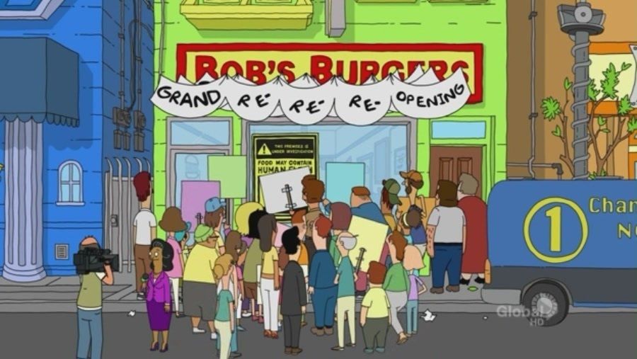 The cast of Bob's Burgers crowds outside of the titular restaurant during its grand "re-re-re-opening."
