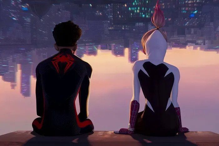 Miles Morales and Gwen Stacy overlook the New York skyline. Upside down. Almost holding hands. Not quite. 