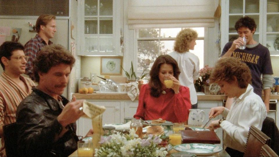 Tom Berenger, Jeff Goldblum, William Hurt, Mary Kay Place, JoBeth Williams, Glenn Close, and Kevin Kline in The Big Chill.