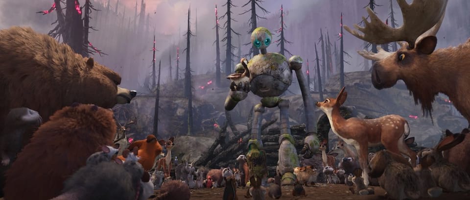 Roz the robot and her many woodland creature friends stand in the ashes of a forest fire.