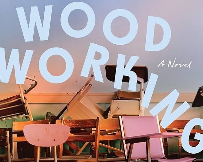 The cover of Woodworking depicts the title cover text tumbling over a series of disorganized desks.